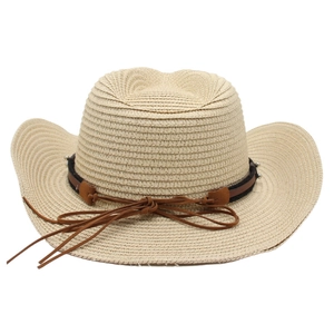 Classic straw western cowboy hat with brown leather band and rustic woven texture