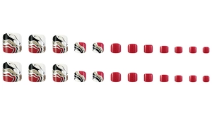 Close-up of 24pcs toe nail press-ons featuring marble patterns, gold glitter and red colors