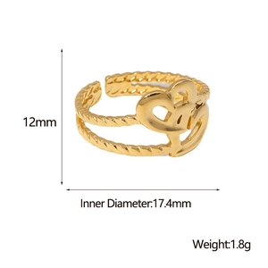 18K gold stainless steel heart ring with twisted rope design and 12mm height dimension