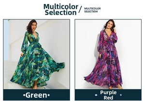 Détails des robes maxi à imprimé tropical avec col en V et manches lanternes