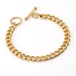 Collier Bracelet Chaîne Cubaine Acier Inoxydable Plaque Or 18K Fermoir OT Barre T Bijoux Hip Hop Minimaliste