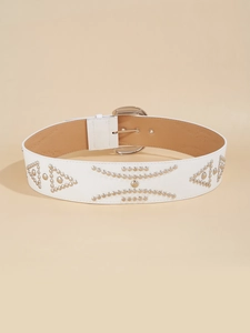 Close-up of white PU leather belt with silver studs and geometric metal buckle detail