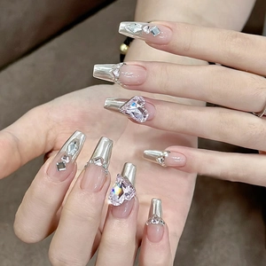 Press On Nails Mirror Silver Aurora Chrome With Pink Heart Rhinestone French Style Coffin Shape Handmade Luxury Fake Nails