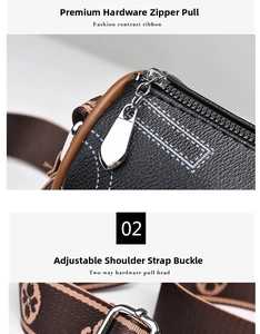 Detail of silver hardware zipper and brown floral patterned strap on black leather bag