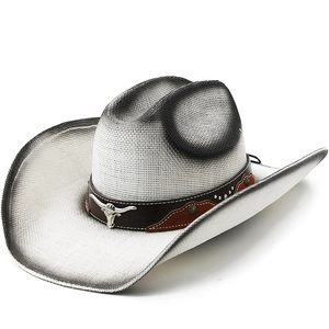 Western Cowboy Straw Hat Wide Brim Woven Sun Protection Outdoor Vintage Retro With Metal Bull Head Leather Band Gradient Spray Paint