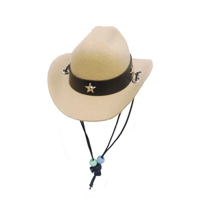 Makroaufnahme von beigem Filz-Cowboyhut für Haustiere mit Stern und verstellbarem Band