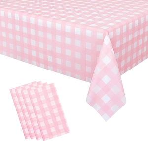 Pink checkered disposable tablecloth set with matching napkins for birthday party events