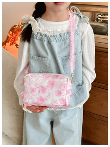 Close-up of girls floral crossbody bag with 3D pink flowers and sequined mesh detail