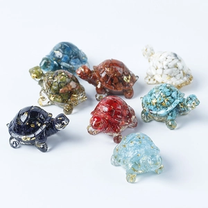 Set of 8 colorful resin sea turtle figurines with natural crystal stones and gold foil