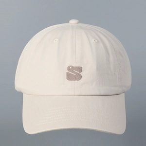 Light beige cotton baseball cap with S embroidery and classic six-panel curved brim design