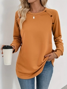 Ginger yellow crewneck sweatshirt with shoulder buttons and high-low hem for women