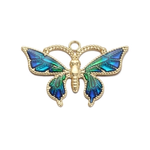 Macro shot of gold butterfly pendant with blue and green enamel and micro-zirconia inlay
