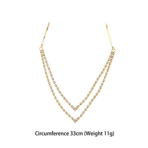 Golden bridal hair chain with double V-shaped rhinestones and tassels, 33cm length