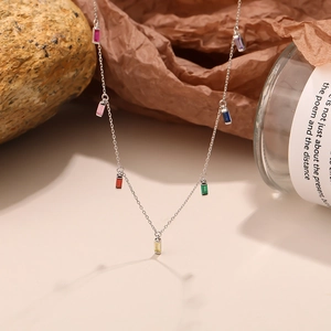925 Sterling Silver Necklace Colorful Rectangle Zircon Pendants Rainbow Baguette Clavicle Chain Jewelry For Women