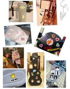 Waterproof Christmas cartoon stickers shown on water bottles, laptops, and skateboards