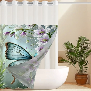 Detail of waterproof digital print shower curtain with blue butterfly and lily pattern