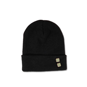 Trendy Black Acrylic Knit Beanie Hat With Green Square Decorative Buttons Cuffed Warm Winter Cap For Men Women