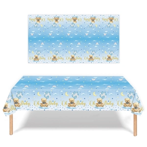 Teddy bear theme blue and gold birthday tablecloth with matching Oh Baby party background