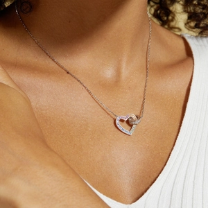 S925 silver necklace with interlocking rainbow zircon heart and crystal circle rings