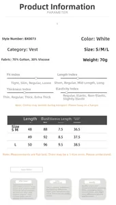 Detailed size chart for white V-neck slim top showing length, bust, and material specs