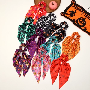 Halloween Hair Scrunchies With Streamers Satin Fabric Pumpkin Ghost Print Bowknot Hair Ties Party Accessories For Women
