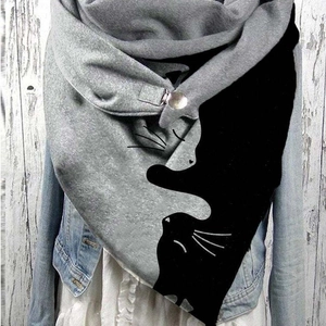 Creative gray and black scarf with cat silhouette print and silver metal buckle closure