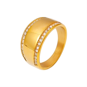 Minimalist wide band 18k gold plated titanium ring with side crystal accents on white base