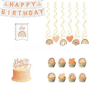 Boho rainbow birthday party set including happy birthday banner and cake toppers
