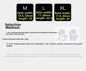 Detailed sizing chart for winter cycling gloves with hand measurement instructions