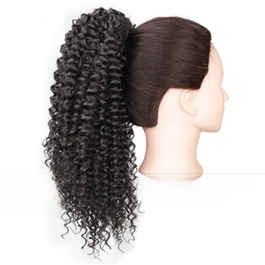 Detail view of black kinky curly ponytail hair extension on a mannequin head