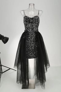 Detailed view of black sequin dress with rhinestone trim and layered mesh tulle skirt
