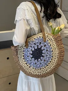 Colorful hand-woven round paper rope shoulder bag with leather strap and sunburst pattern