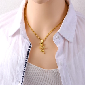 Elegant 3D gold rose pendant necklace with O-chain on model for women gift