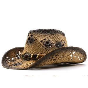 Close-up of hollowed star weave pattern and beaded decorative band on straw cowboy hat