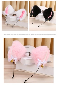 Detail of plush cat ear headbands with satin bows and golden bells in three colors