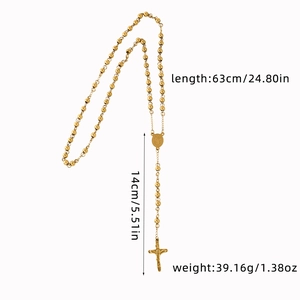 Detailed specs of gold stainless steel rosary necklace with 63cm length and cross charm