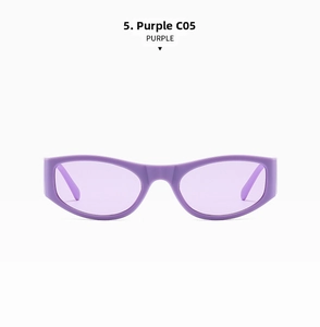 Detail of purple cat-eye sunglasses featuring a thick frame and polished finish C05