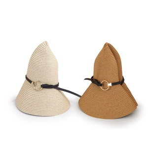 Minimalist straw sun hat with stylish metal ring and wide brim in beige and caramel colors
