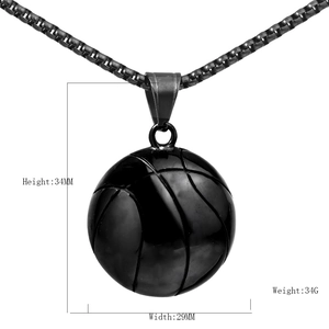 Men's retro black basketball pendant necklace in stainless steel, 34mm height