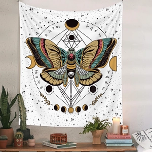 Detail of occult skull moth tapestry with moon phases and celestial zodiac symbols