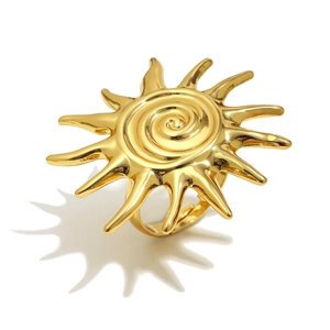 Minimalist 18K gold plated stainless steel ring with a spiral sun pendant design