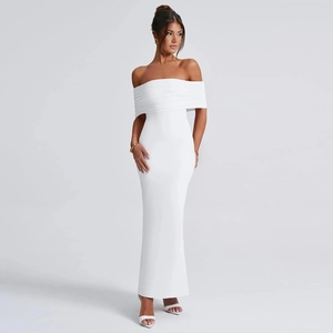 Detail view of white off-the-shoulder maxi dress with elegant slim fit and draped fabric