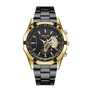 Men's gold and black quartz chronograph watch with stainless steel band and luminous dial