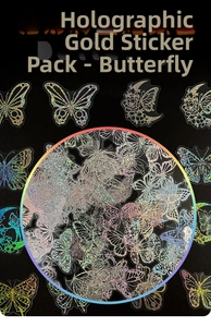 Detailed macro view of holographic butterfly stickers with rainbow laser gold finish