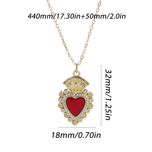 Detail showing red heart pendant size 32x18mm and 440mm gold chain with dimensions