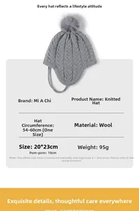 Gray wool beanie detail showing size dimensions, 54-60cm circumference and material specs