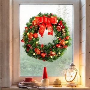 Detailed Christmas wreath with red bow, pine cones and berries on a snowy window