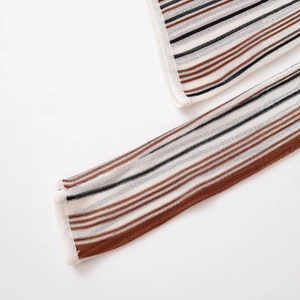 Women V-neck long sleeve sweater in multi-color striped linen blend knit with ribbed cuffs