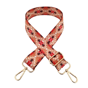 Detailed view of tribal geometric pattern wide strap with gold metal spring buckles