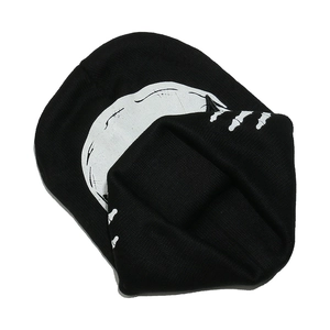Winter knit beanie featuring a white skull and bone finger print on black fabric